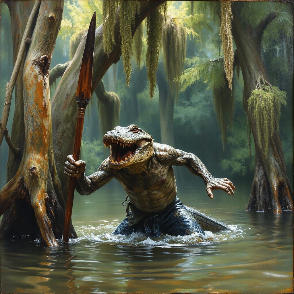 Swamp Creature Emerges: Alligator-Man in Oil Painting