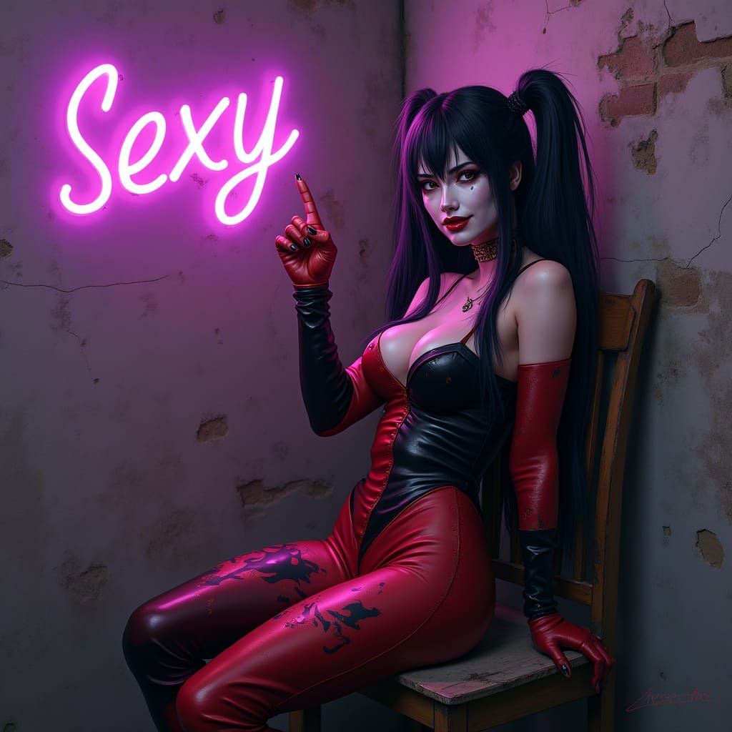 Japanese Woman in Harley Quinn Costume, Baseball Bat, and Su...