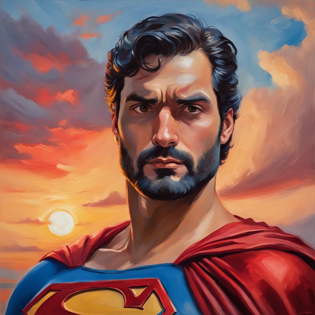 Handsome Superman at Sunset in Impressionist Style