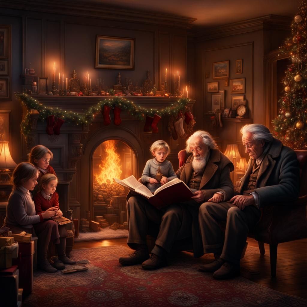 A family in a living room by the fire with Dad in the middle...