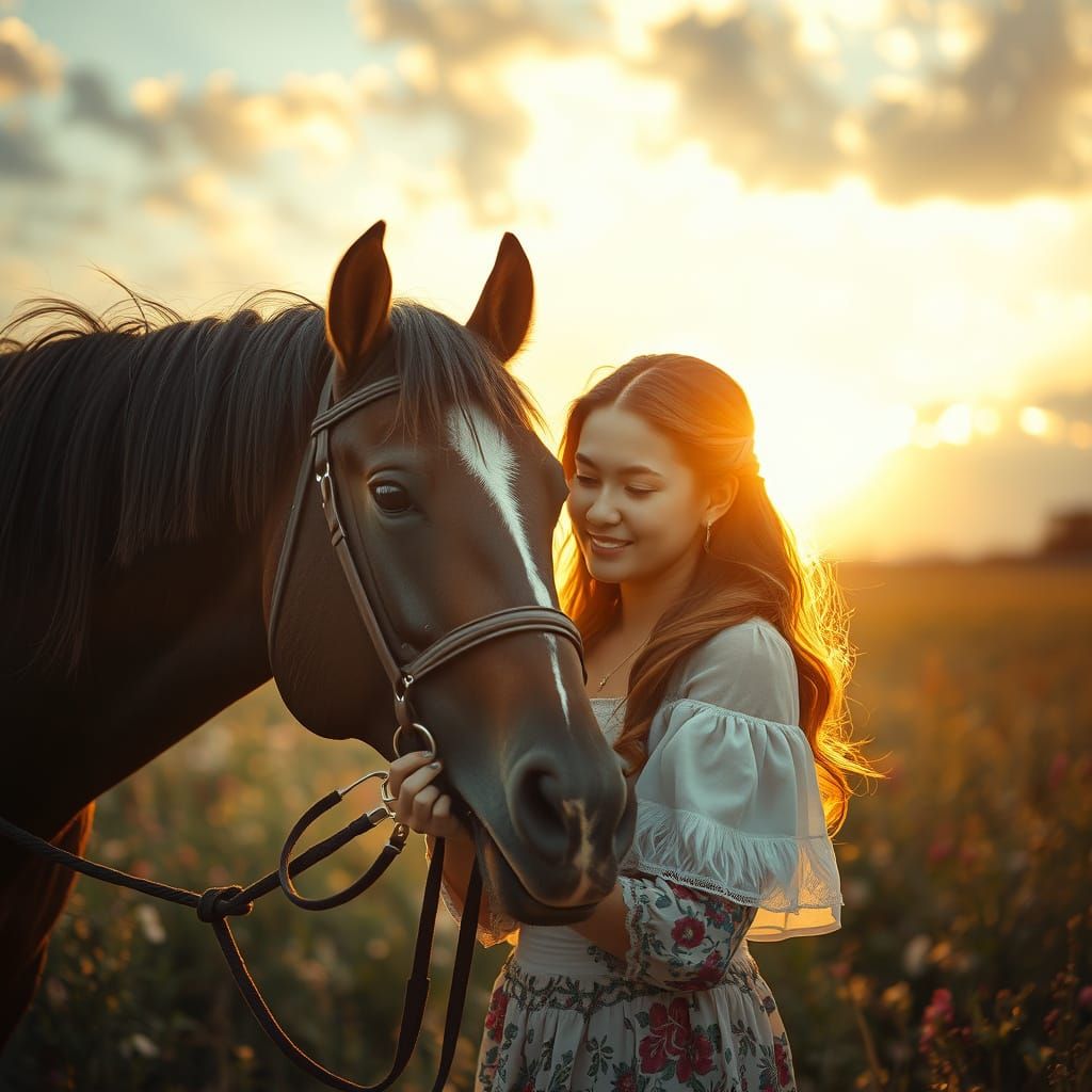 Woman Cares for Exhausted Horse at Dusk