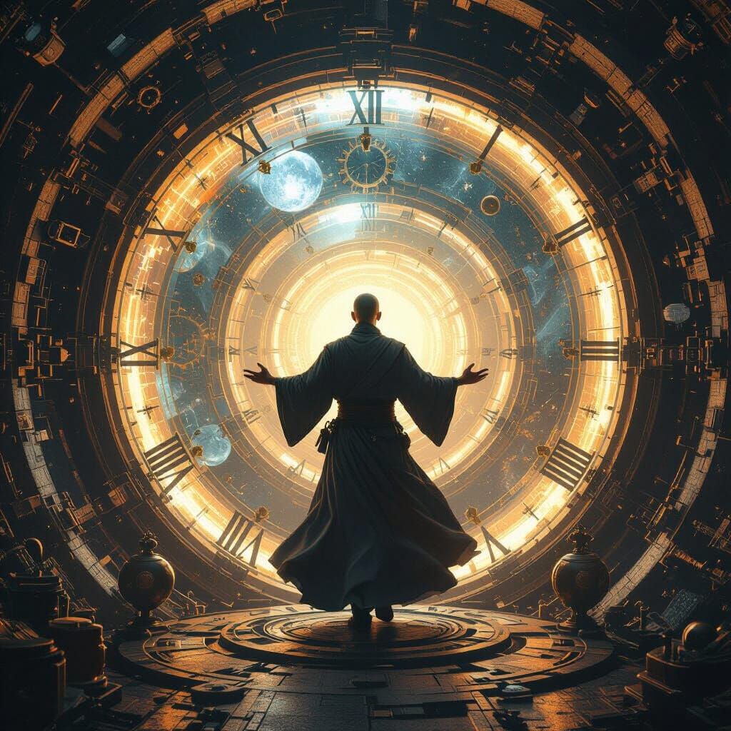 Monk Navigating a Time Tunnel in Digital Matte Painting