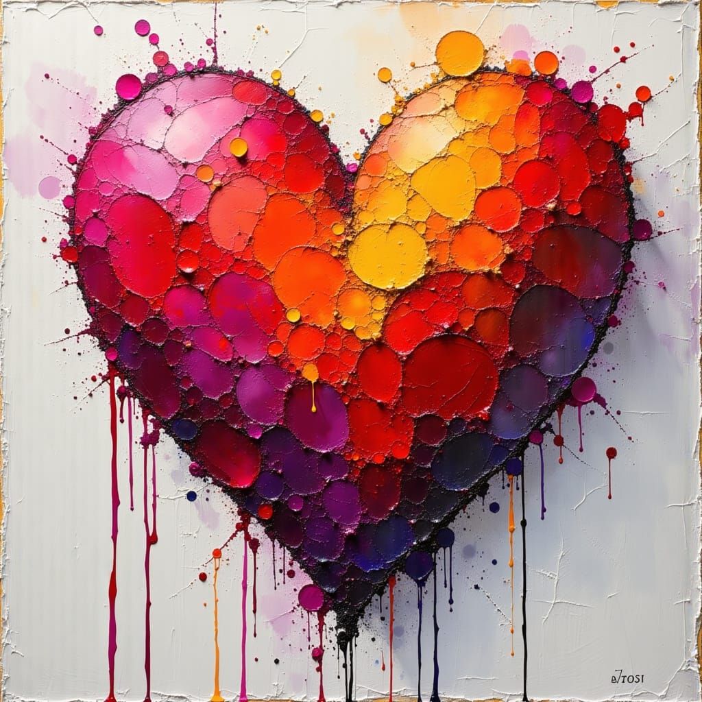 Thick Impasto Love Heart Painting in Red to Purple Tones