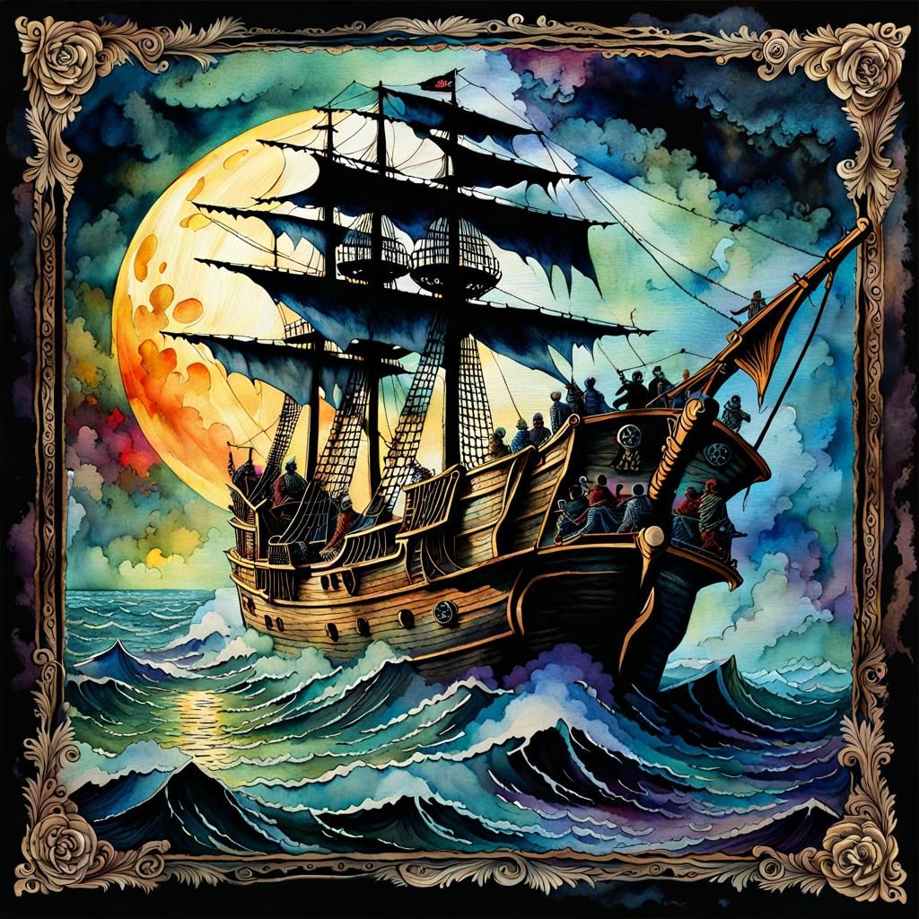 Ghostly Pirate Ship on Stormy Sea in Watercolor