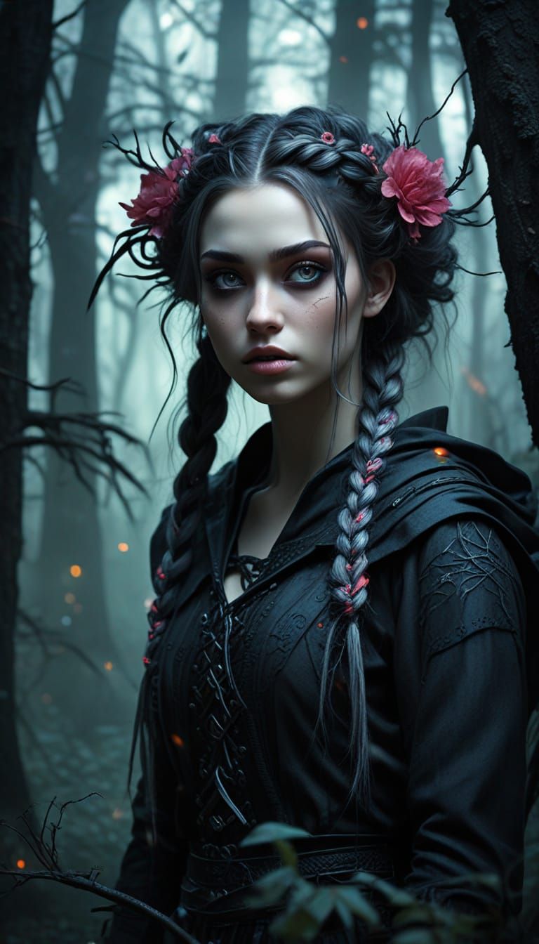 Gothic Anime Goddess in Haunting Forest