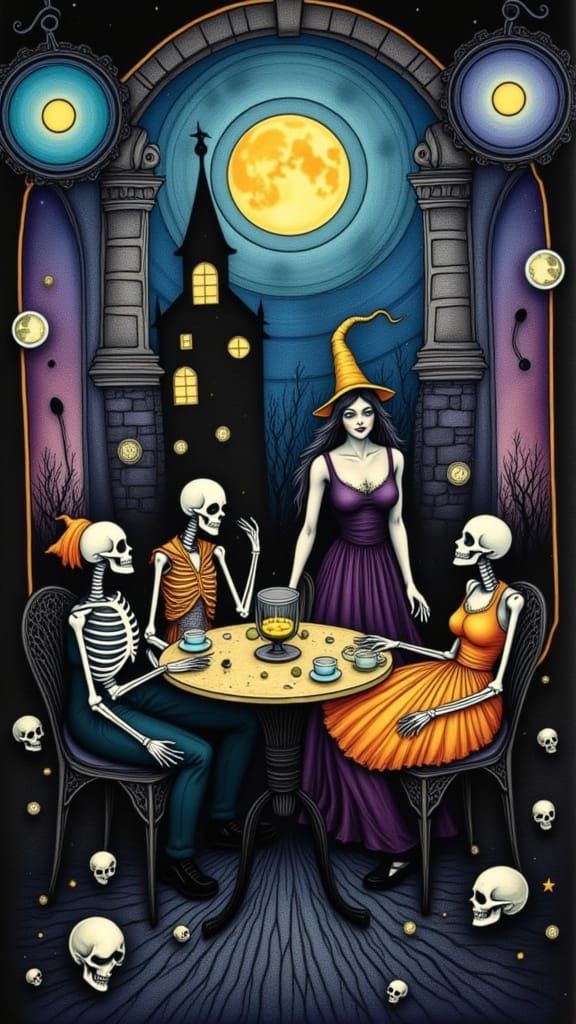 Gothic Tea Party in a Moonlit Graveyard