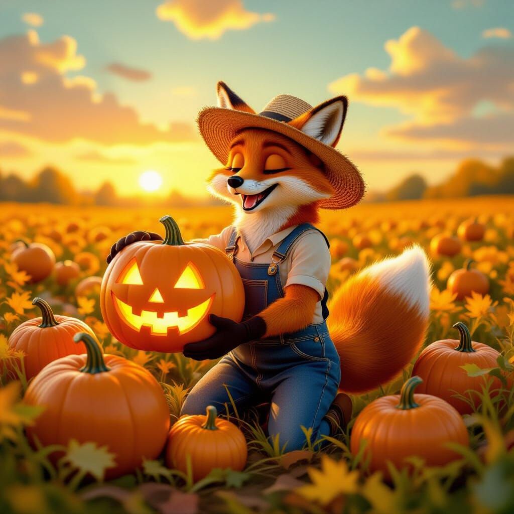 Fox Farmer Gathers Glowing Pumpkins in Golden Light