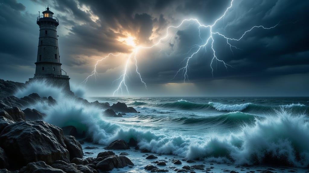 Lighthouse in Raging Thunderstorm with Lightning Flashes