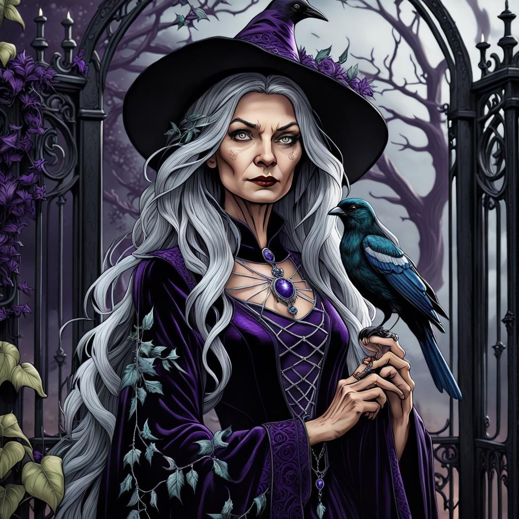 Gothic Comic Book Witch with Magpie