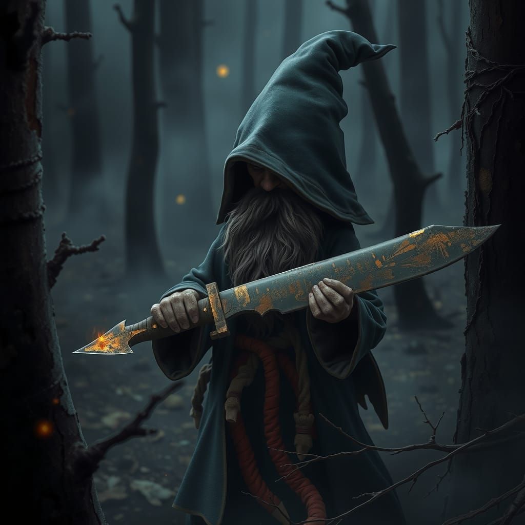 Gnome with Knife in Dark Fantasy Forest