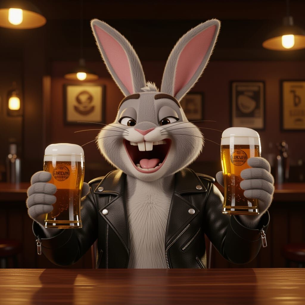 Anthropomorphic Rabbit in Dive Bar Scene