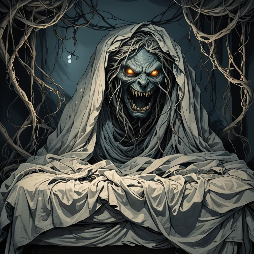 Eerie Sheet Monster Rising from Bed: Dark Fantasy