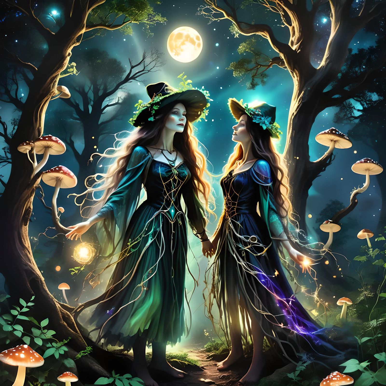 Mysterious Forest Witch Under Astral Moonlight