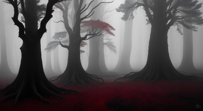 Eerie Blood-Red Beech Tree in Dark Forest