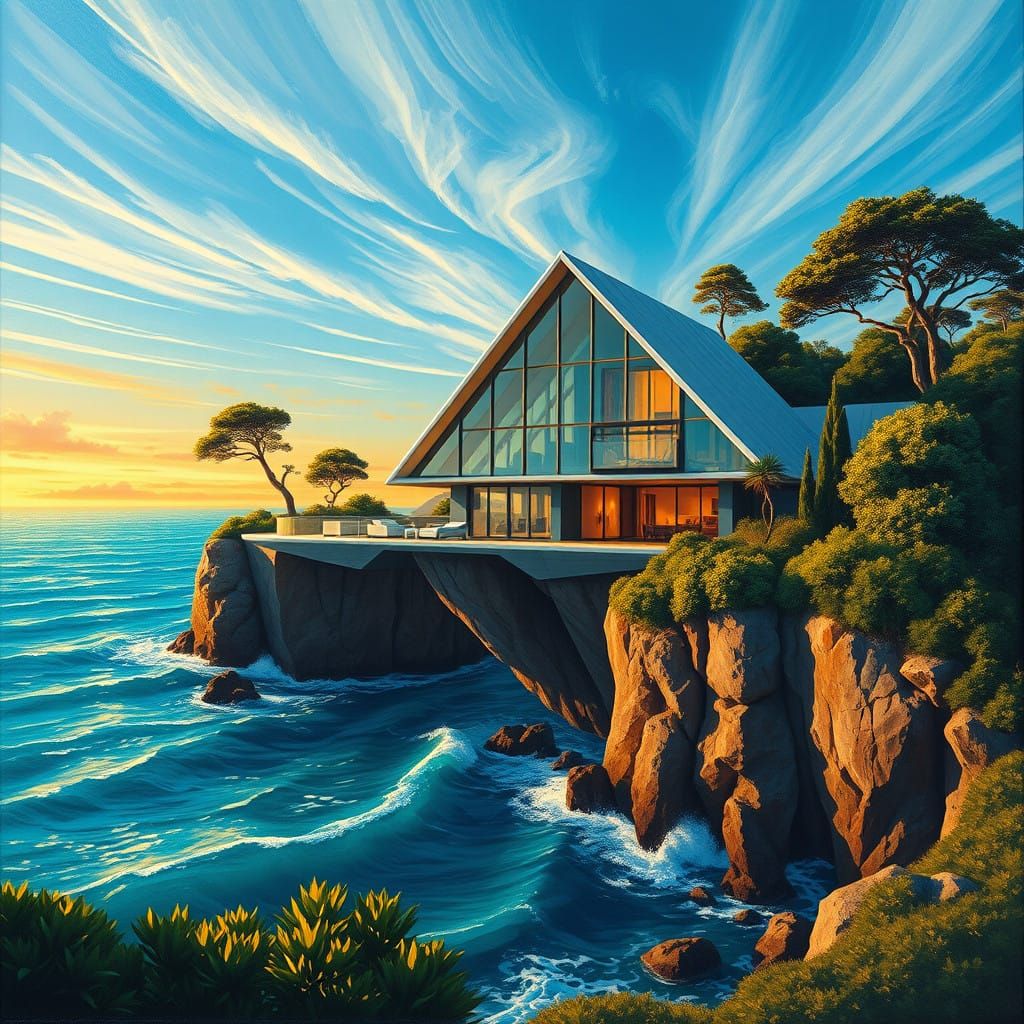 Serene Cliffside Estate in Futuristic Triangular Glass Build...