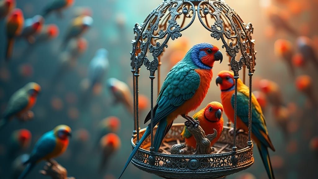 Steampunk Birds in Gothic Silver Cage