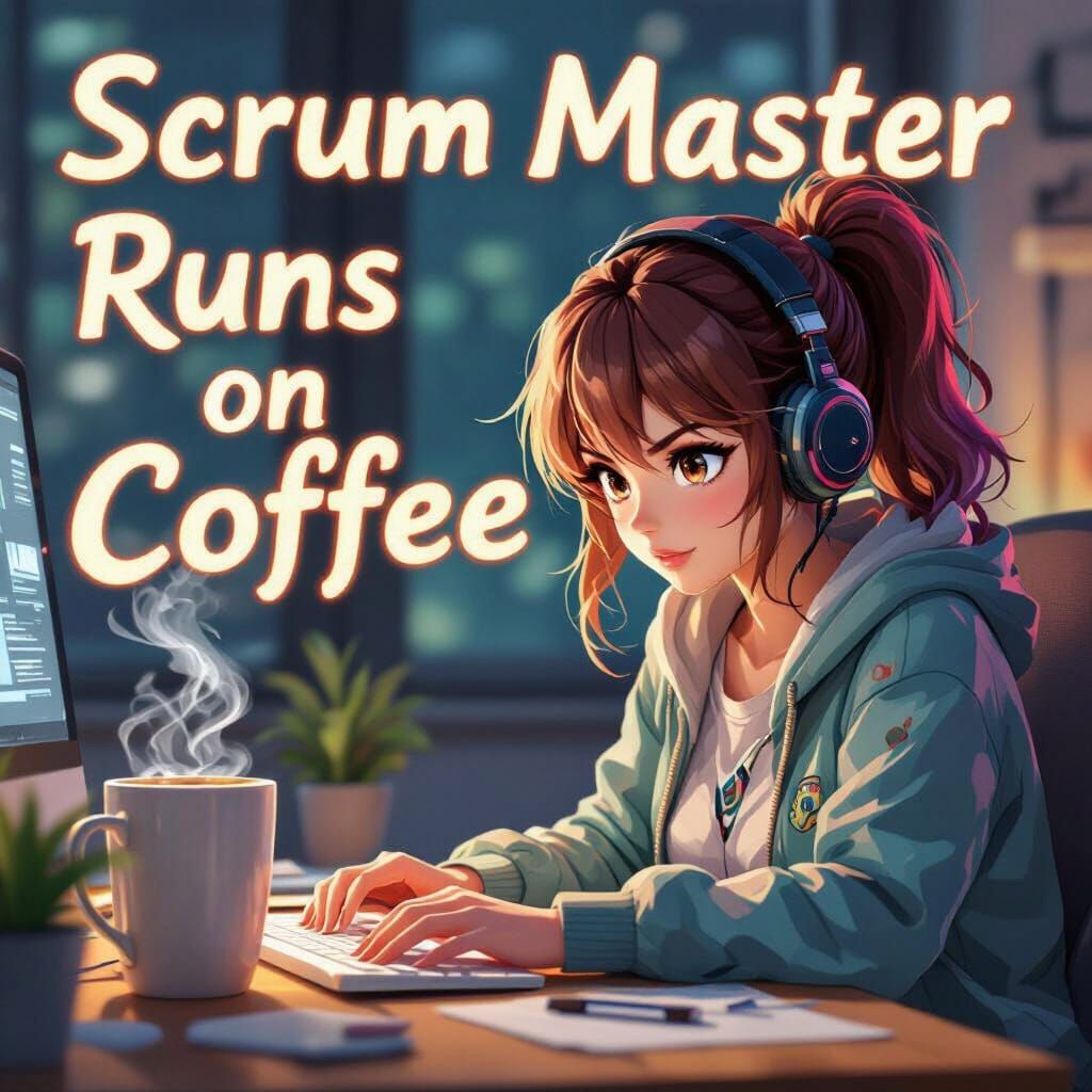 Anime Developer Woman Drinks Coffee with Scrum Master Messag...