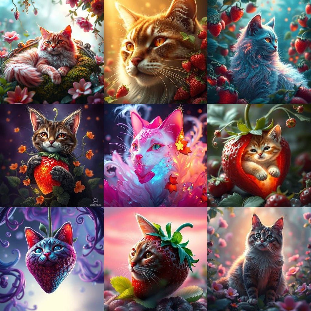 Whimsical Strawberry Oasis by a Majestic Feline