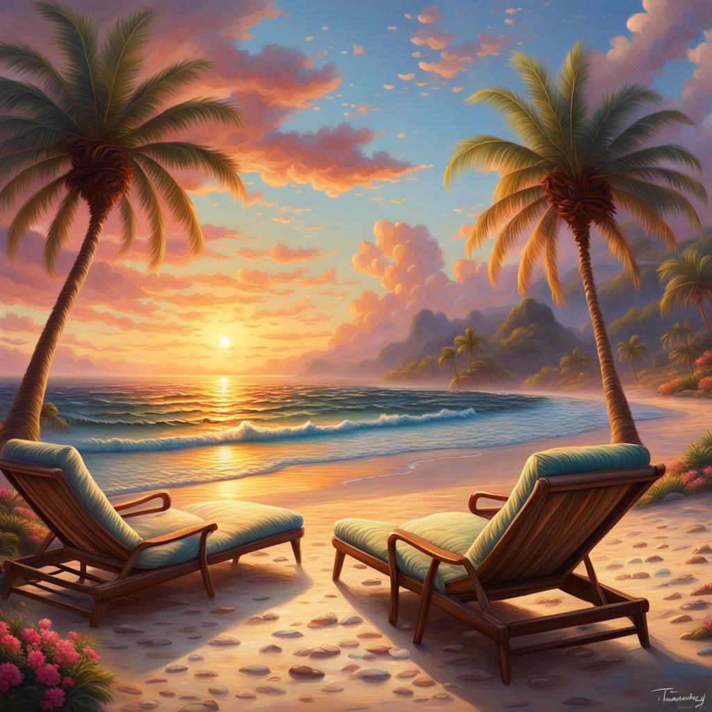a beach with lounge chairs and palm trees