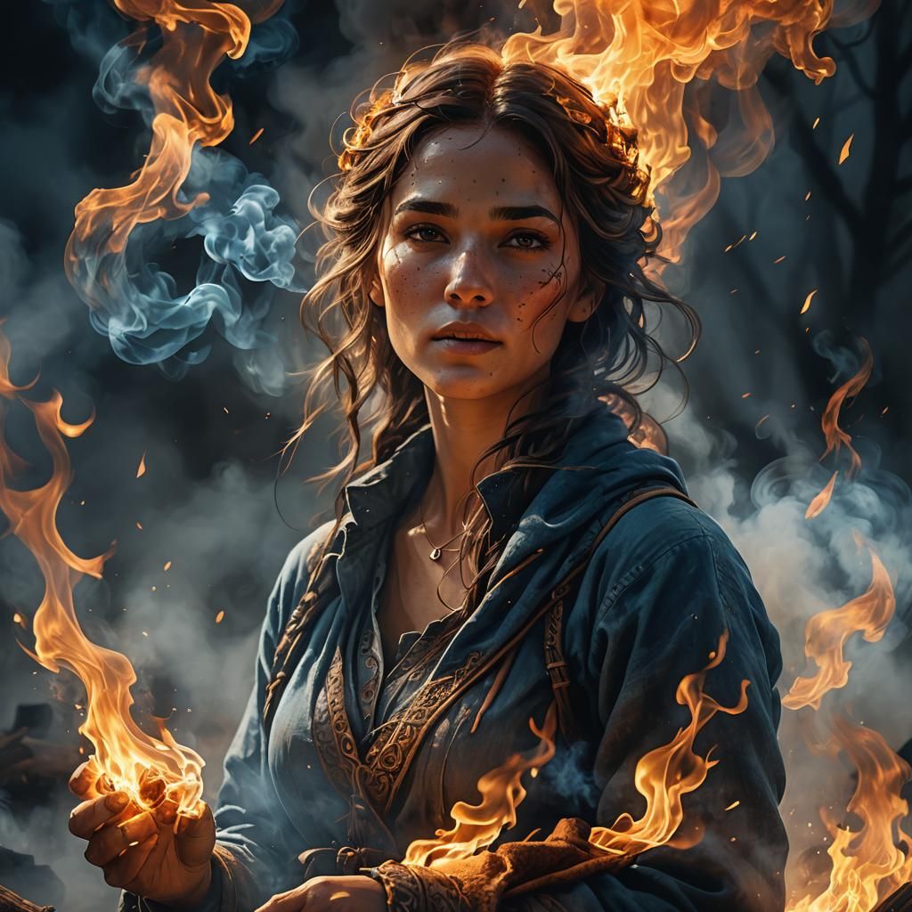 Enchanting Woman in Campfire Smoke: Digital Art