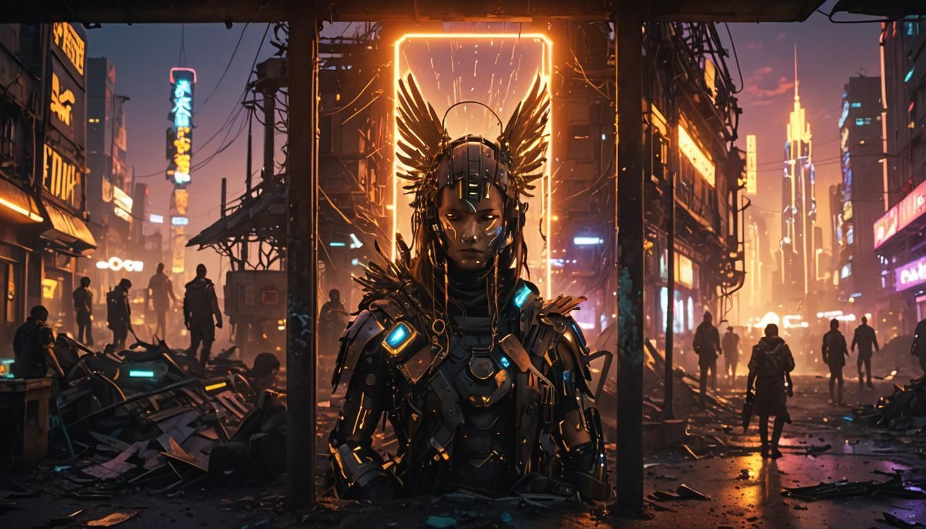 Cybernetic Angel Soaring Over Wasteland in Cyberpunk Style