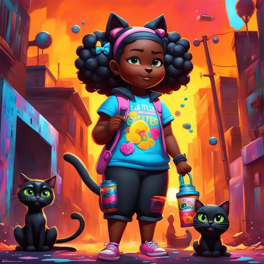 Black Cat Awareness: Girl with Kitties in Graffiti Art