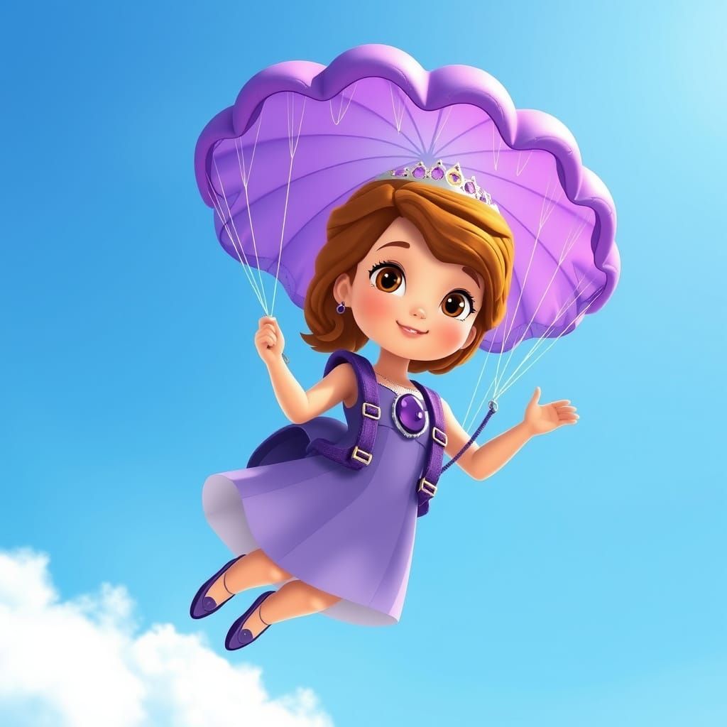 Princess Sofia Skydiving with Purple Parachute, Whimsical Ar...