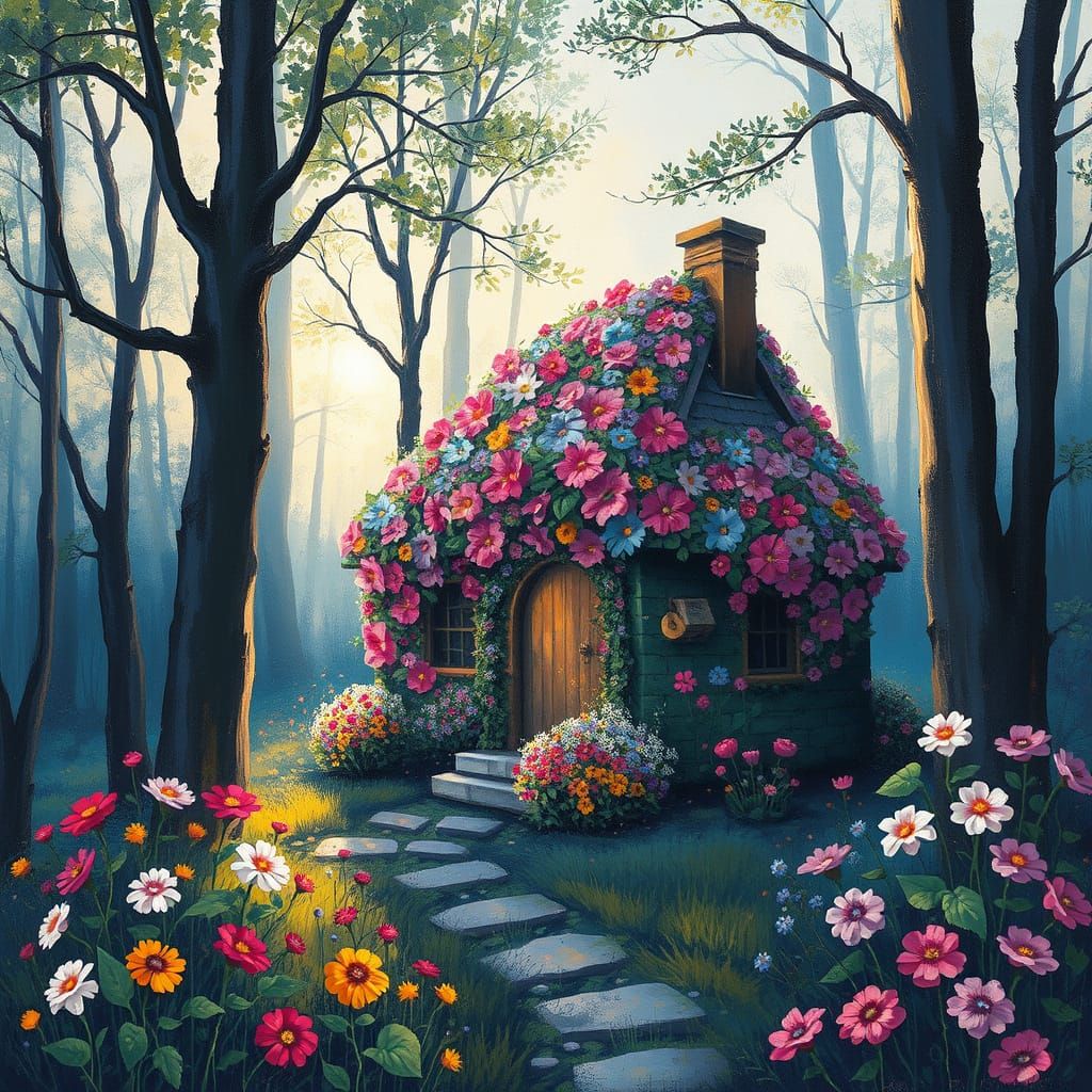 Whimsical Flower Cottage in Impressionist Style