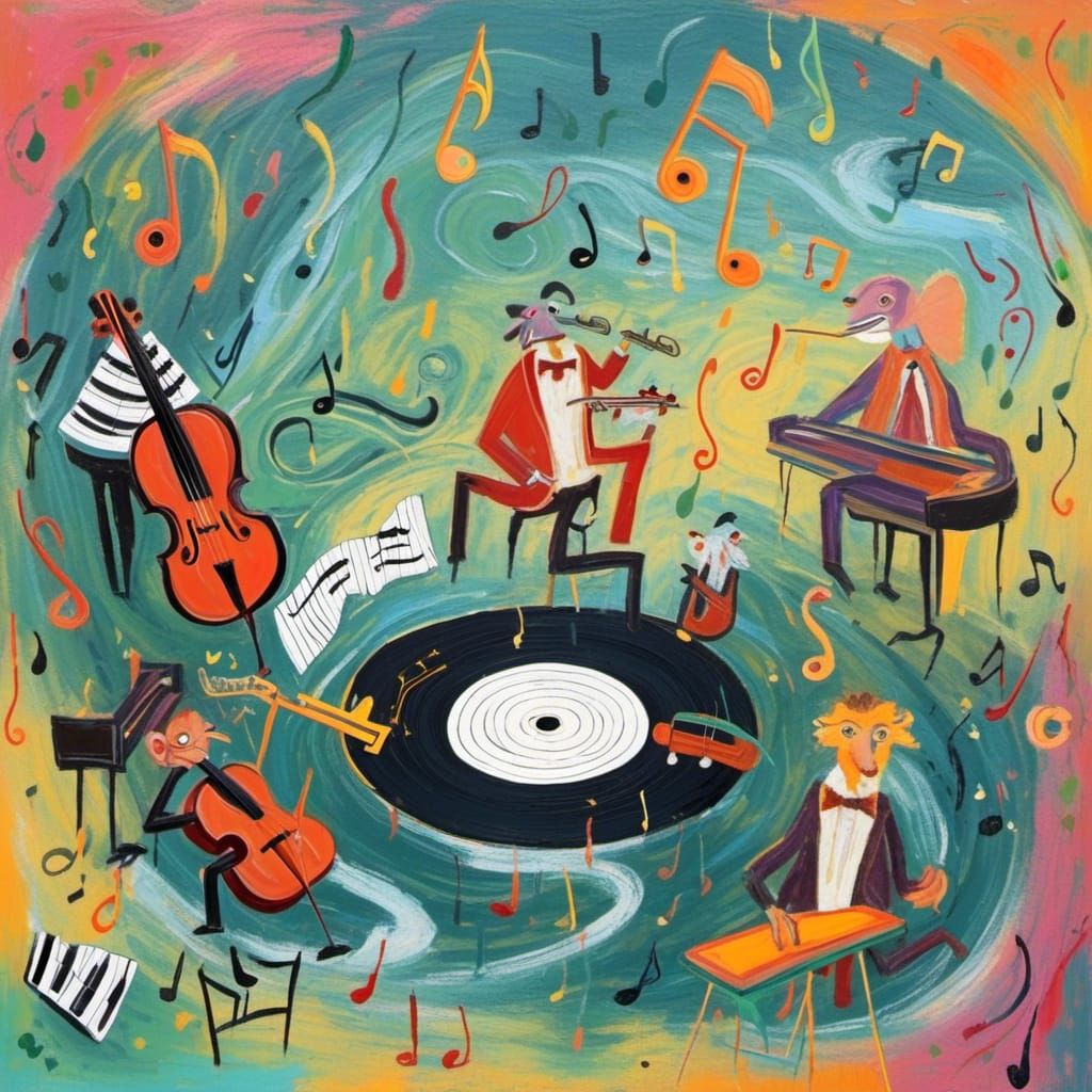 Jazz Band Album Art with Cute Creatures in Naive Folk Style