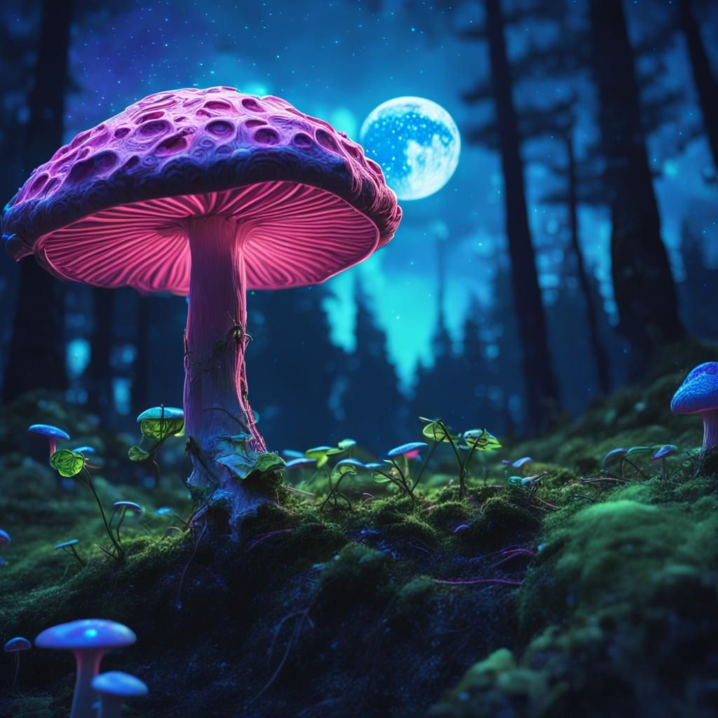 Rose Mushroom in Moonlight: Futuristic Fantasy Art