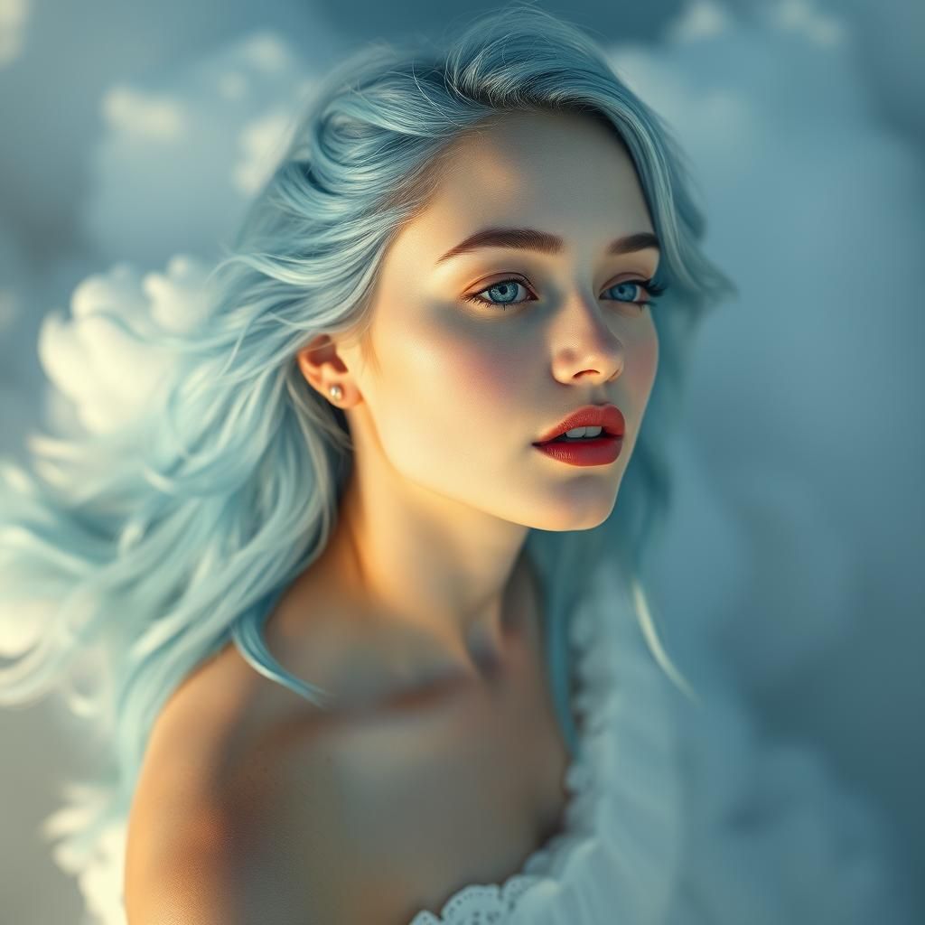 Ethereal Woman with Blue Hair on Cloud