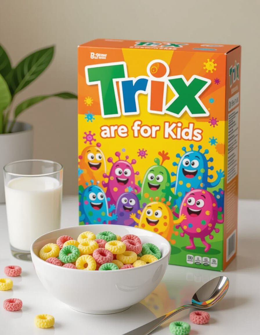 Playful Microbe-Themed Cereal Box and Breakfast Scene