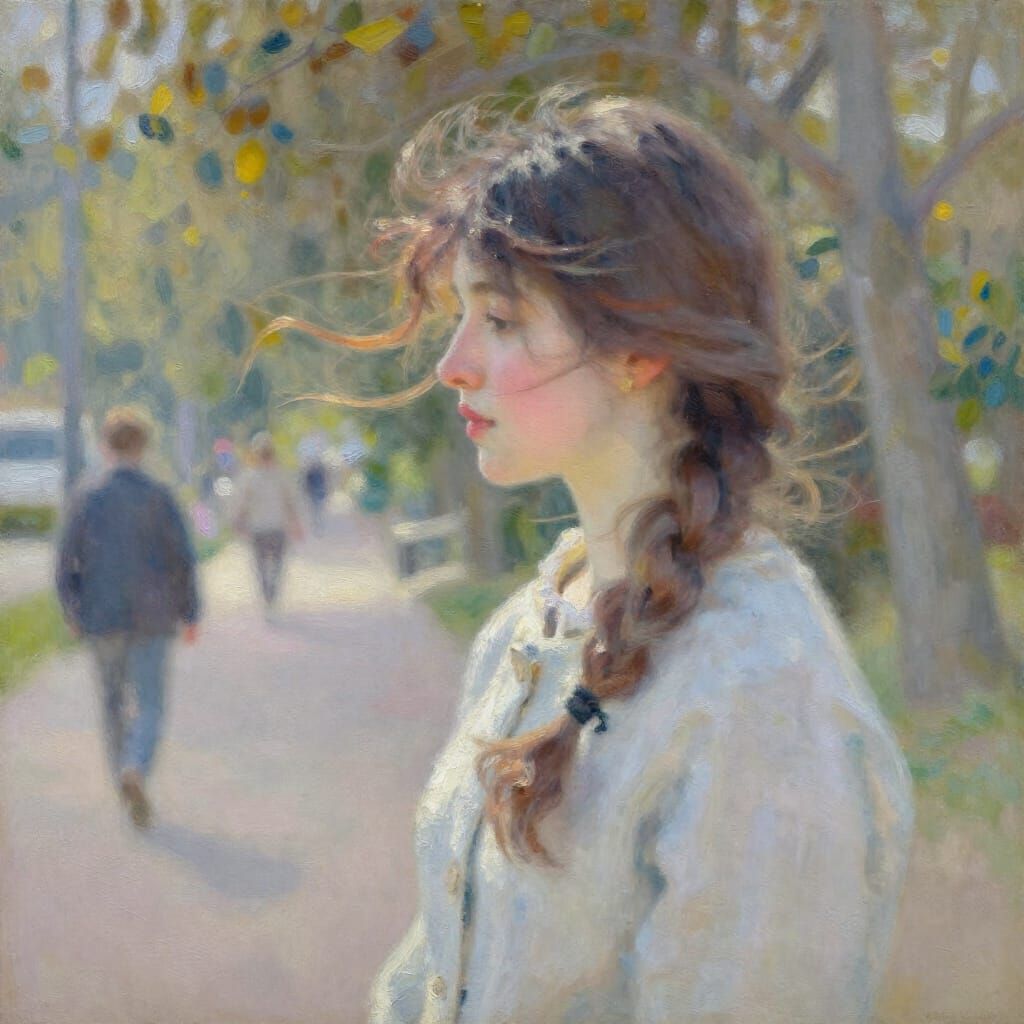 Impressionist Oil Painting of a Woman in a Gentle Breeze