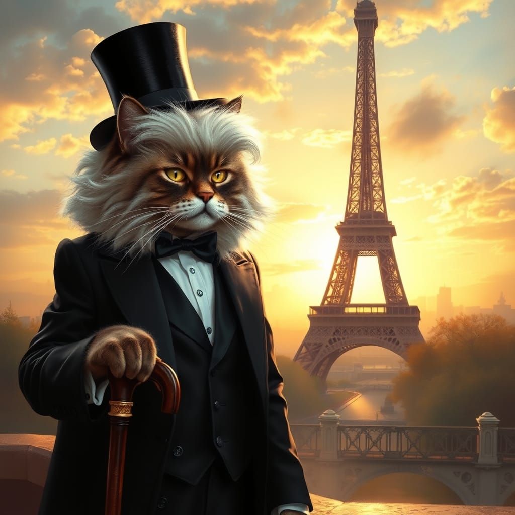 Sophisticated Cat in Tuxedo with Eiffel Tower Backdrop