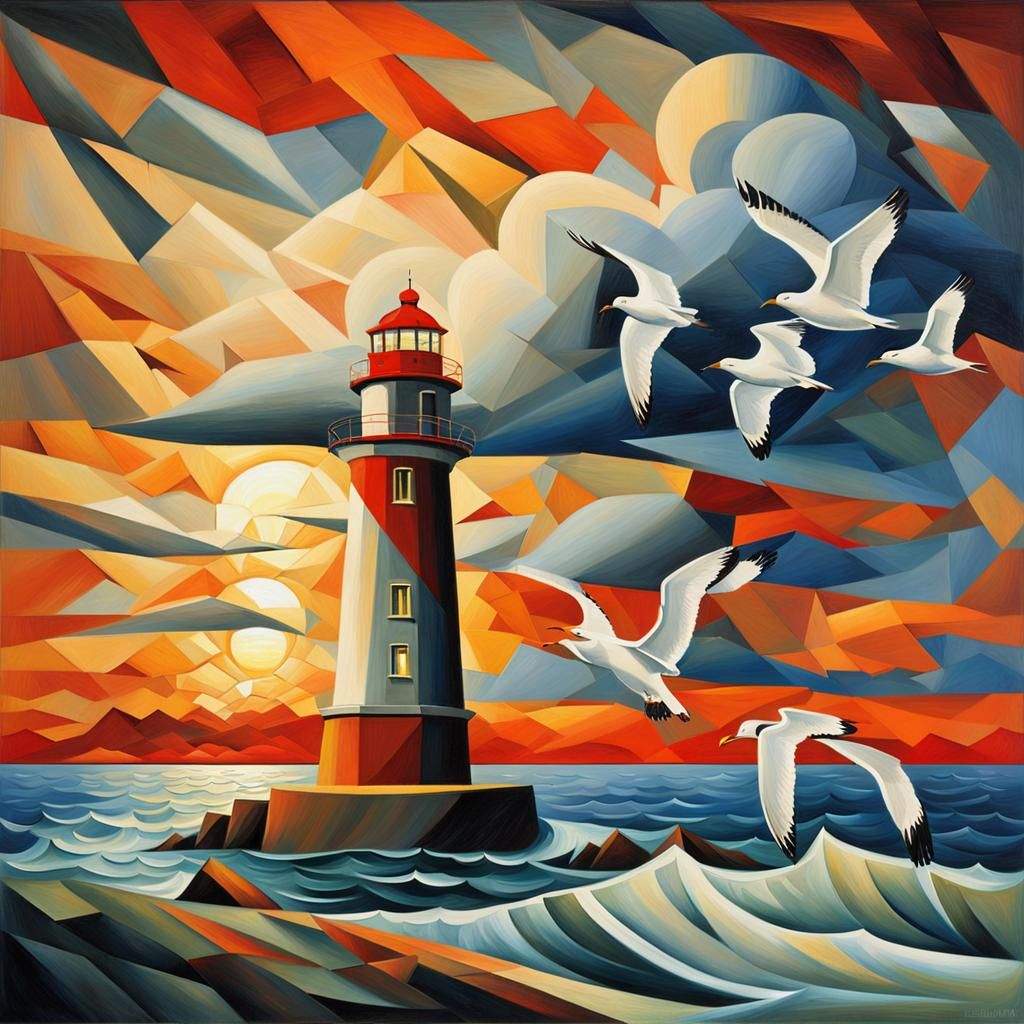 Lighthouse on Headland: Cubist Oil Painting