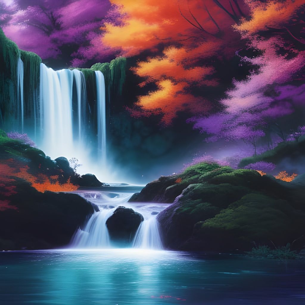 Ethereal Anime Waterfall in Vibrant Purple and Orange