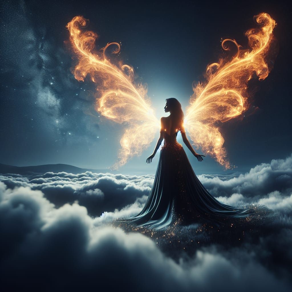 Magical Woman with Flaming Butterfly Wings