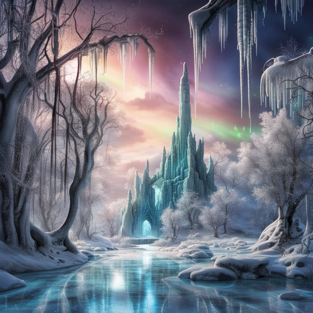 Icy Winter Landscape with Northern Lights, Digital Art