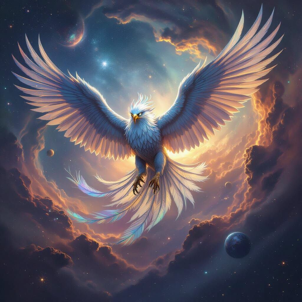 Majestic Griffin Soars Through Cosmic Nebula in Hyperrealist...