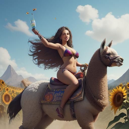 Woman Rides Llama with Sunflowers: Fantasy Art
