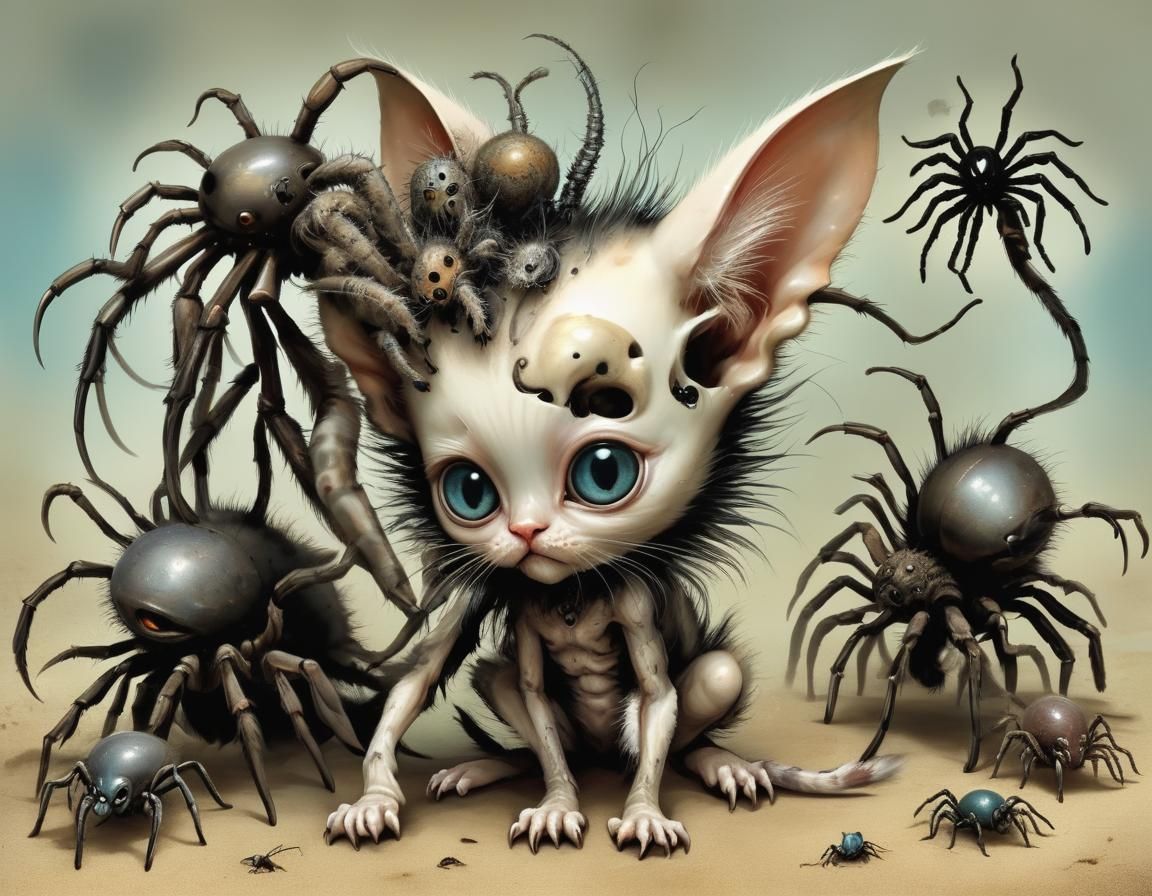 Chibi Kitten Tarantula Hybrid in Dark Surreal Style