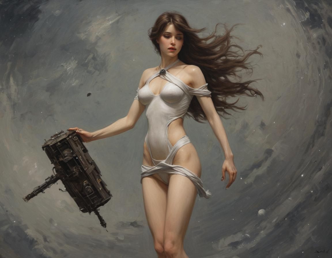 Android in Space: Oil Painting in Waterhouse Style