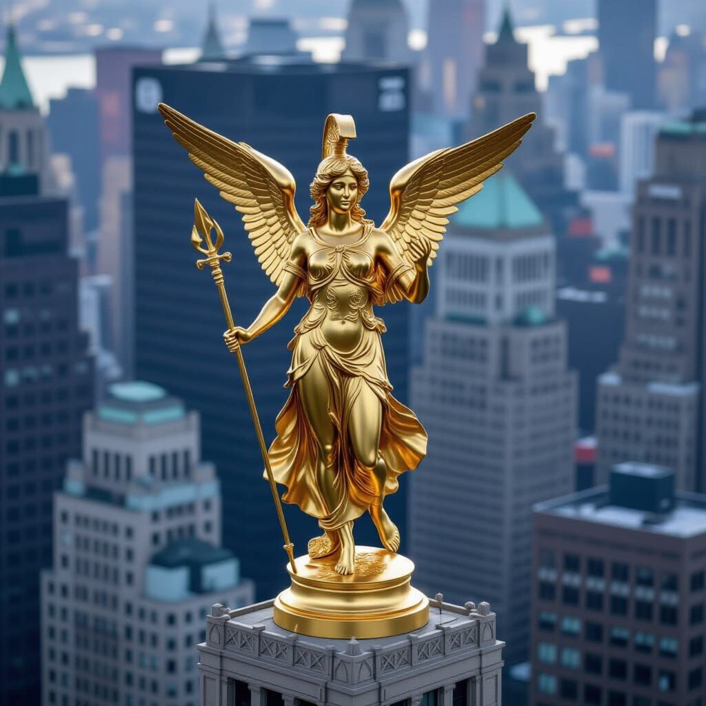 Golden Hermes Statue Over Manhattan Skyscraper