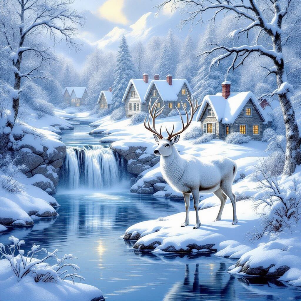 Arctic Deer in Snowy Waterfall Landscape Masterpiece