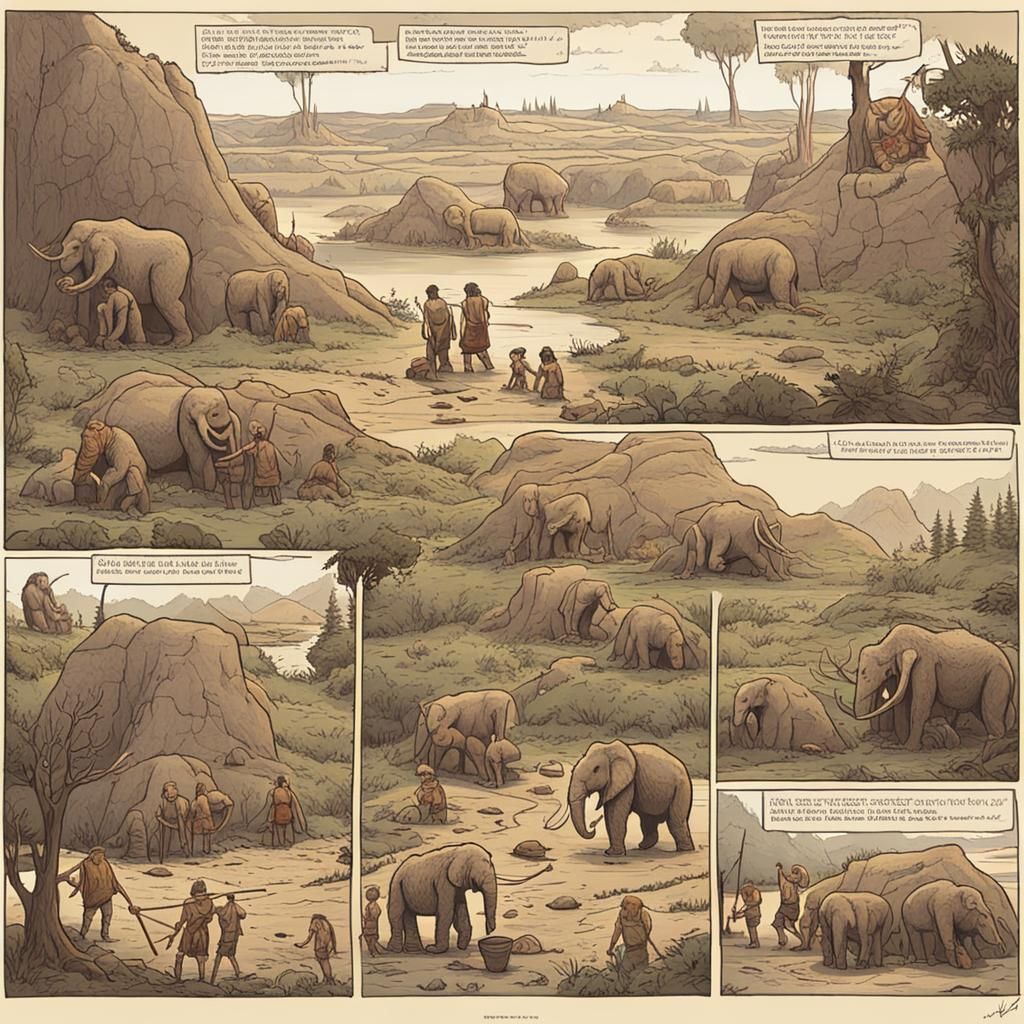 Paleolithic Comic Strip Panels: Cavemen Hunting Mammoths