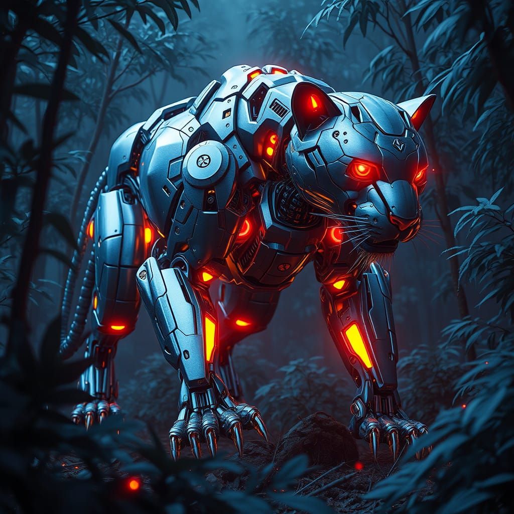 Glowing Silver Panther Robot Emerges in Futuristic Anime Lan...