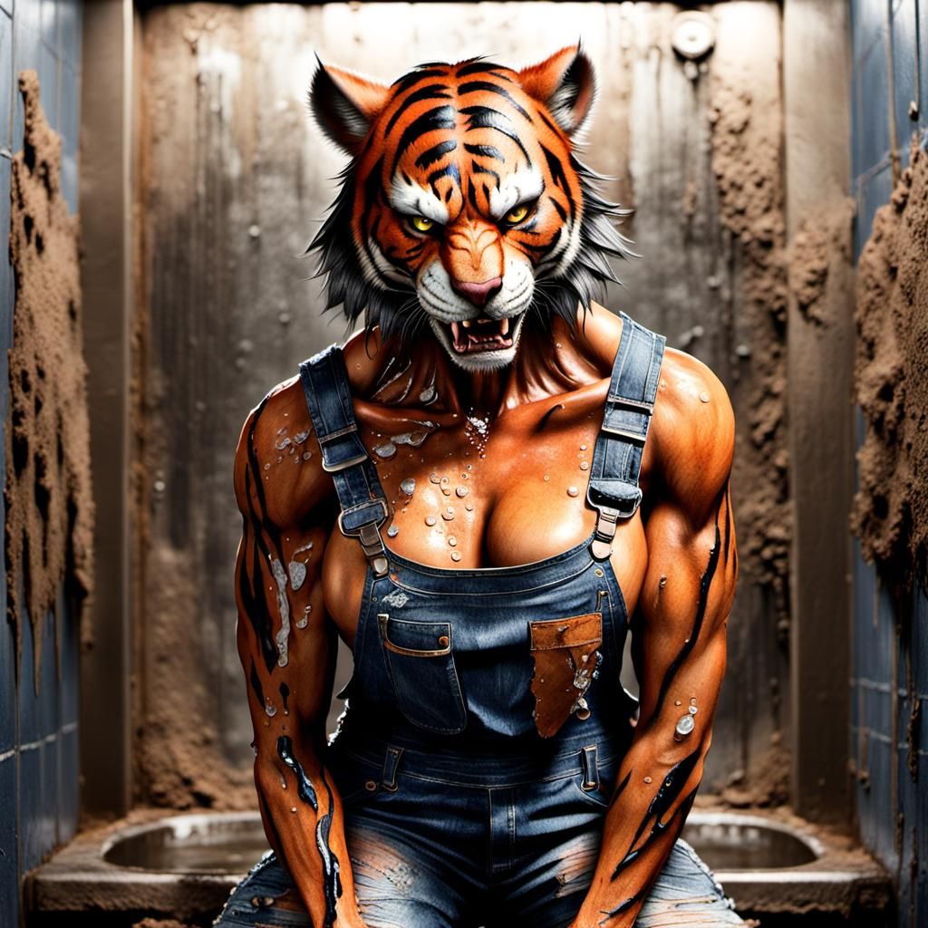 Provocative Furry Tigress in Grimy Restroom