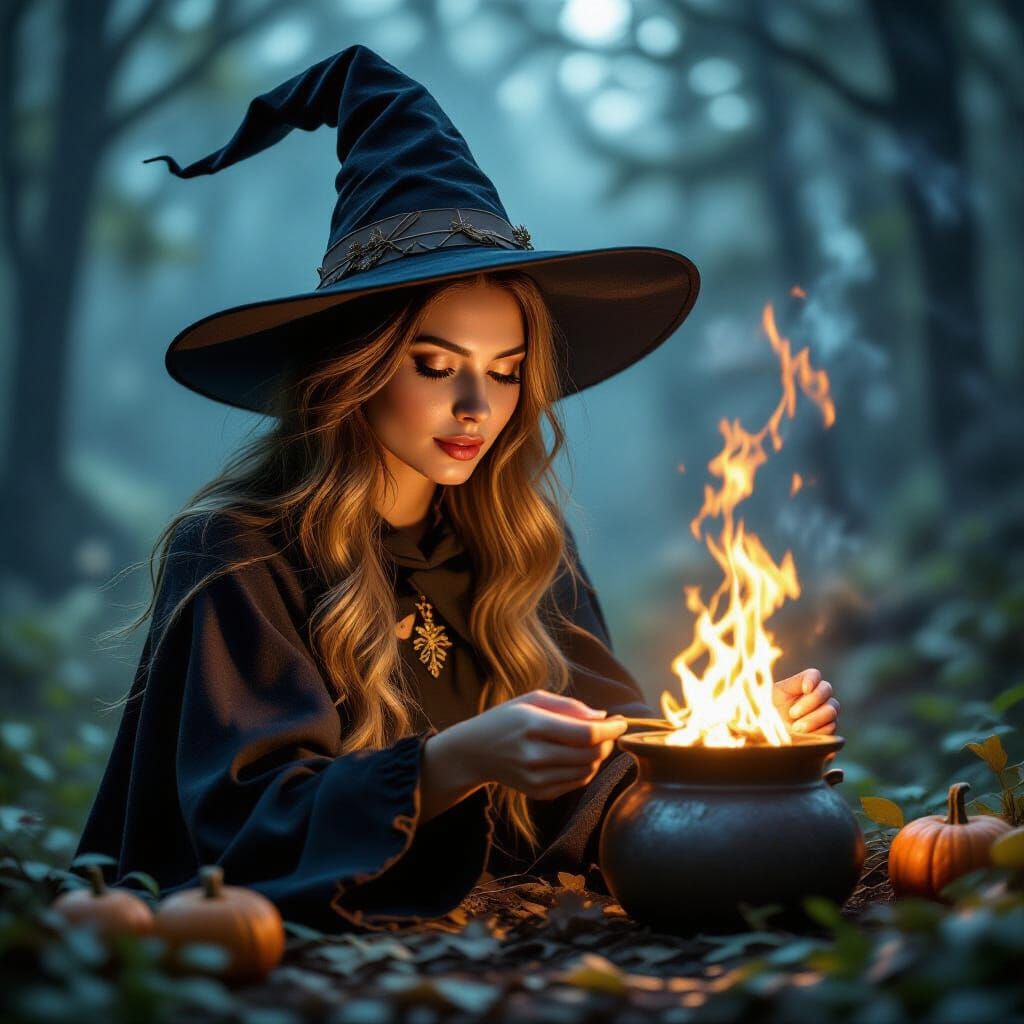 Witch Brewing Magical Potion in a Cauldron