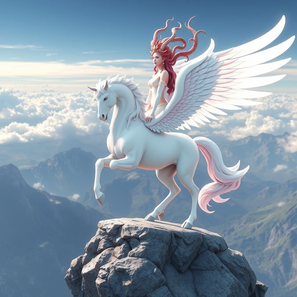 White Pegasus Rides with Serpentine Medusa