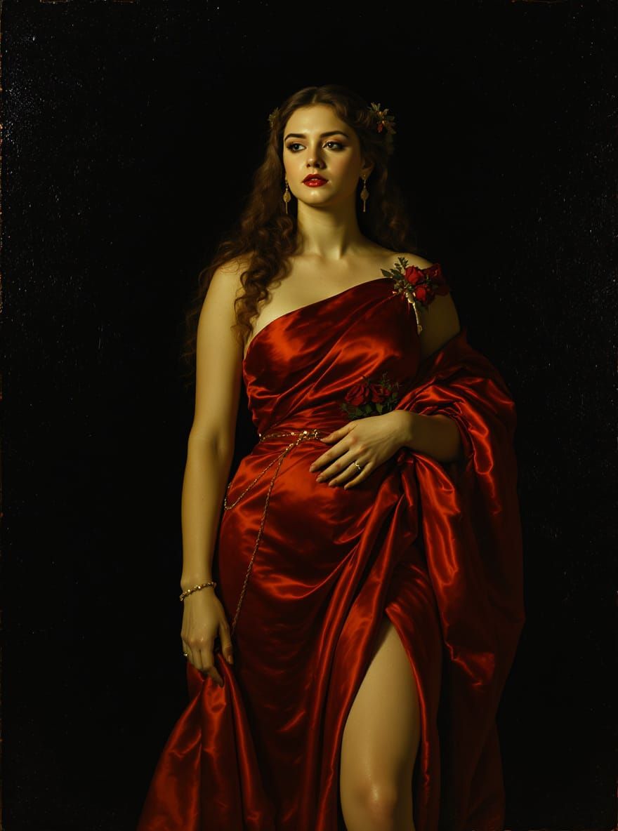 Old Master Style Portrait of Woman in Crimson Gown